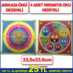 33.5x33.5cm BOYUTLARINDA İKİ TARAFI DESENLİ 4 ADET MIKNATISLI DART OKU HEDİYELİ DART TAHTASI