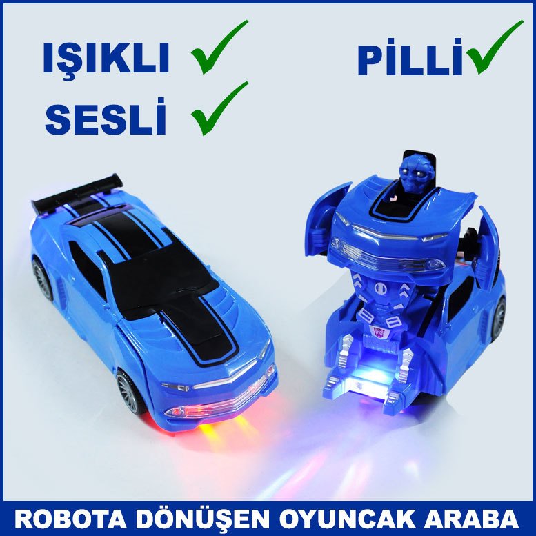 Robota Dönüşebilen Işıklı ve Sesli Pille Çalışan Yarış Arabası - Oyuncak Araba