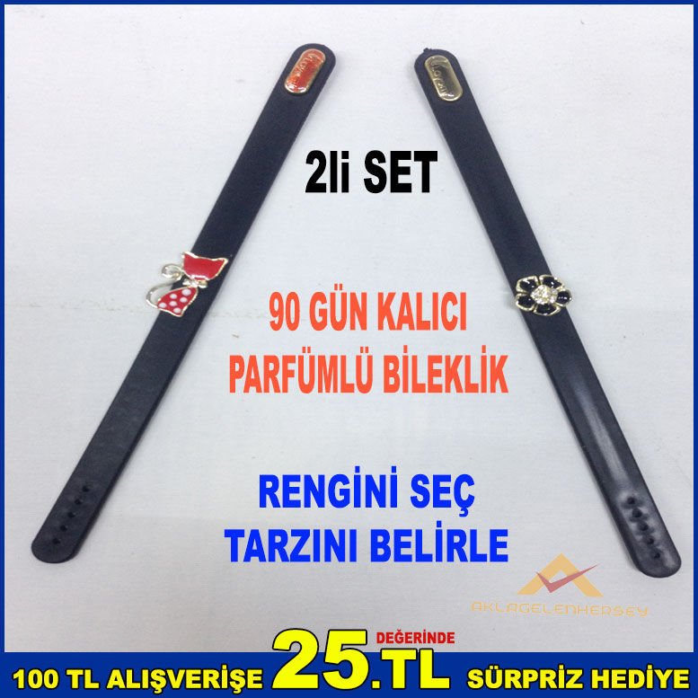KRİSTAL TAŞ İŞLEME SİLİKON KEMERLİ 90 GÜN KALICI PARFÜMLÜ 2 ADET PARFÜM KOKULU BİLEKLİK 20 (60mm) - siyah