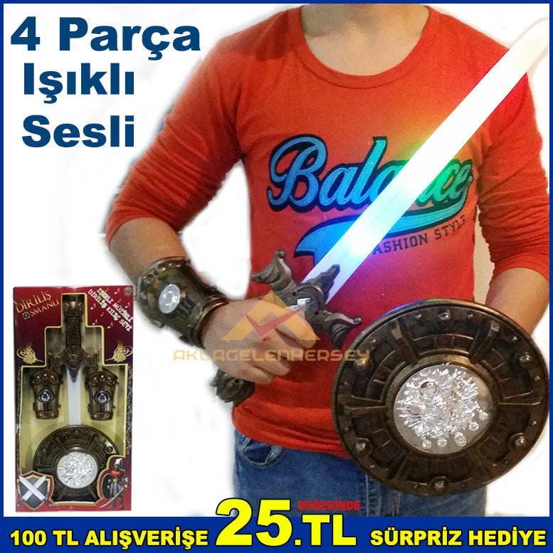 Diriliş Ertuğrul Osmanlı Kılıç Kalkan Bileklik Zırh Işıklı Sesli Dombra Çalar 4 Parça Oyuncak Seti