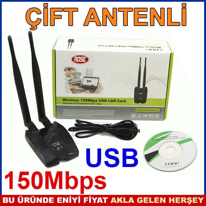 YÜKSEK GÜÇ 150Mbps ÇİFT ANTENLİ WİFİ ADAPTÖRÜ