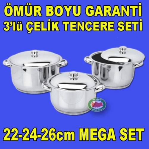ÖZEL TABAN ÇELİK TENCERE SETİ 22-24-26cm 3lü SET