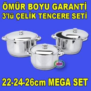 ÖZEL TABAN ÇELİK TENCERE SETİ 22-24-26cm 3lü SET