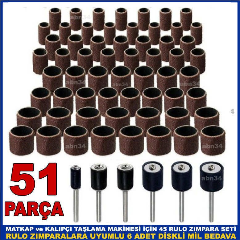 Matkap motorlarıyla kalıpçı taşlama için 51 parça rulo zımpara seti+6 adet uygun lastikli çelik şaft