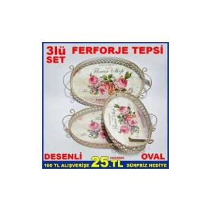3lü ÇİÇEKLİ METAL NOSTALJİK FERFORJE TEPSİ K-637