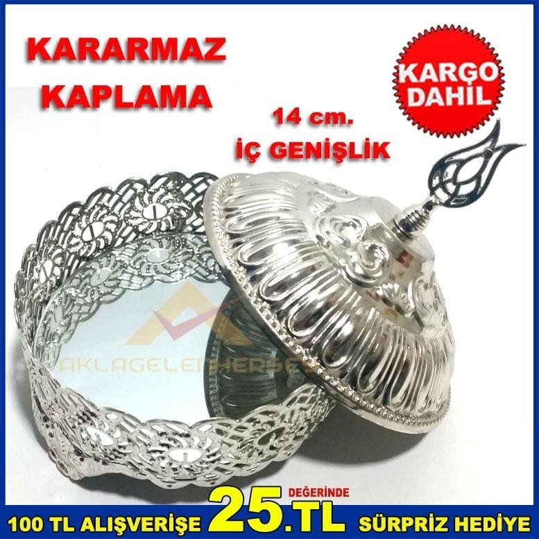 14 cm. İÇİ AYNALI KARARMAZ KAPLAMALI GÜMÜŞ RENK METAL ŞEKERLİK