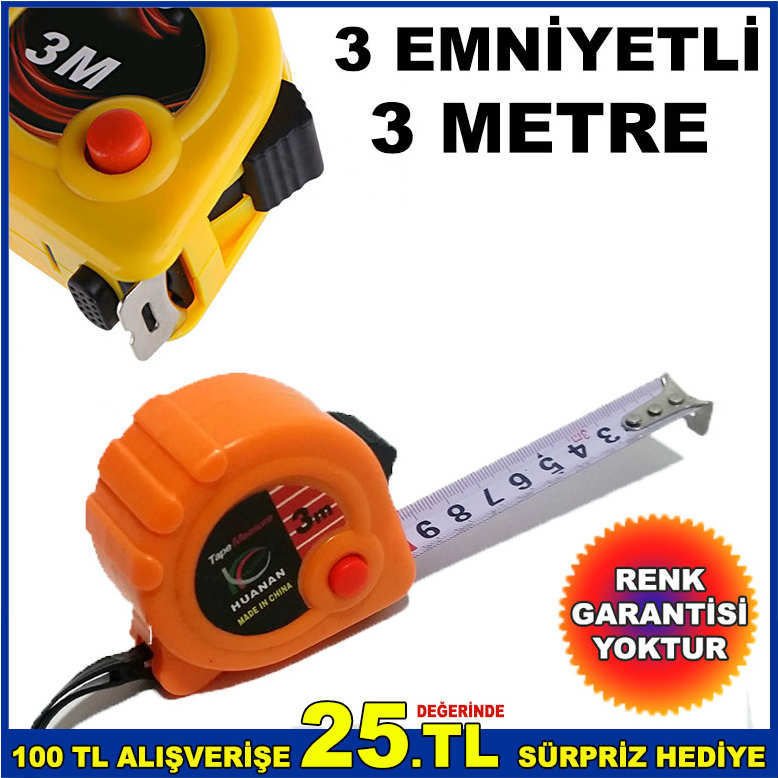 3 EMNİYETLİ KALİTELİ HAFİF PLASTİK 3metre ŞERİT METRE
