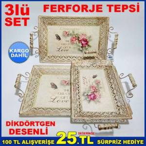 3lü Set Nostalji Çiçek Tablo Resimli Antika Görünümlü Tepsi Set Eskitme Metal Ferforje Tepsi Seti