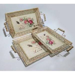 3lü Set Nostalji Çiçek Tablo Resimli Antika Görünümlü Tepsi Set Eskitme Metal Ferforje Tepsi Seti