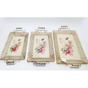 3lü Set Nostalji Çiçek Tablo Resimli Antika Görünümlü Tepsi Set Eskitme Metal Ferforje Tepsi Seti