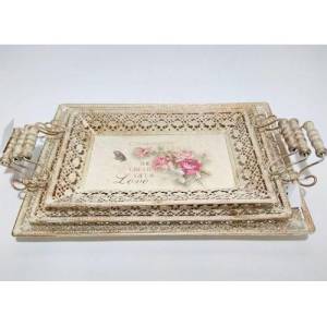 3lü Set Nostalji Çiçek Tablo Resimli Antika Görünümlü Tepsi Set Eskitme Metal Ferforje Tepsi Seti