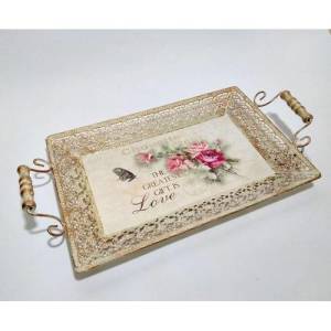 3lü Set Nostalji Çiçek Tablo Resimli Antika Görünümlü Tepsi Set Eskitme Metal Ferforje Tepsi Seti