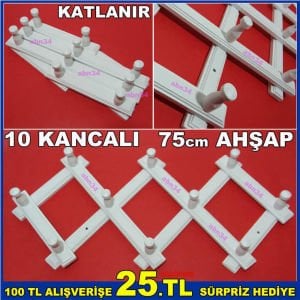 BEYAZ RENK KATLANIR AHŞAP ASKI AHŞAP AKORDEON ASKI,SAĞLAM 10 KANCALI NOSTALJİK DUVAR ve KAPI ASKISI