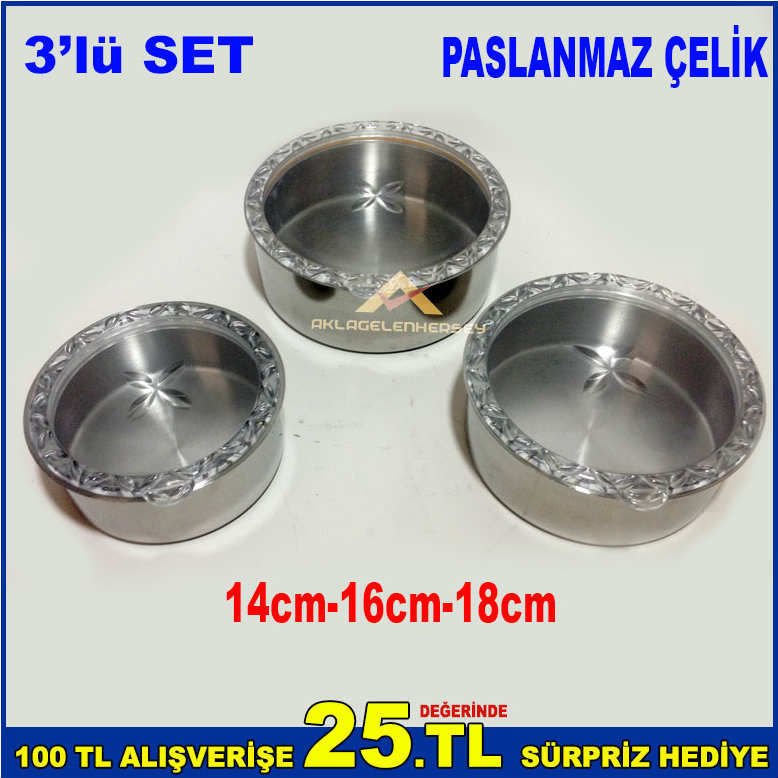 3lü SET PASLANMAZ ÇELİK SAKLAMA KABI SİLİKON CONTALI ŞEFFAF SIZDIRMAZ KAPAKLI 14cm-16cm-18cm ÇAPINDA