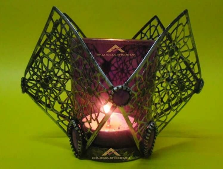 Ferforje taş işlemeli antik metal tea light mumluk