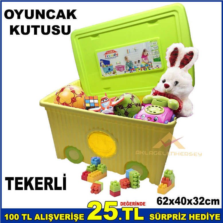 FLORA GENİŞ HACİMLİ BÜYÜK BOY TEKERLEKLİ ve PENCERELİ YEŞİL RENK KAPAKLI OYUNCAK EŞYA KUTUSU