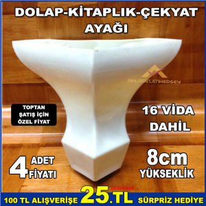 8cm YÜKSEKLİĞİNDE 4adet SAĞLAM DAYANIKLI DOLAP KİTAPLIK ÇEKYAT AYAĞI KREM RENGİ,VİDALARI DAHİL