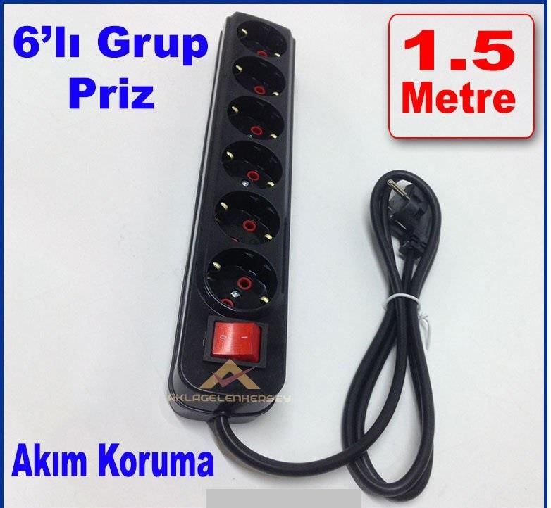 Akım Korumalı 1.5 Metre Uzunluğunda Anahtarlı 6'lı Grup Priz
