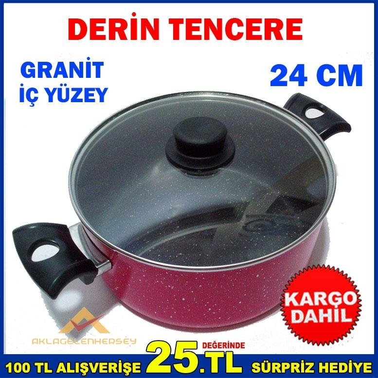 Ücretsiz Kargo 24 CM YAPIŞMAZ GRANİT İÇ YÜZEYLİ DERİN TENCERE