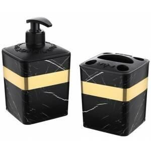 Altın Yaldız Bordürlü Siyah Mermer Desenli Banyo Seti Sıvı Sabunluk,Diş Fırçalık 2li Şık Plastik Set