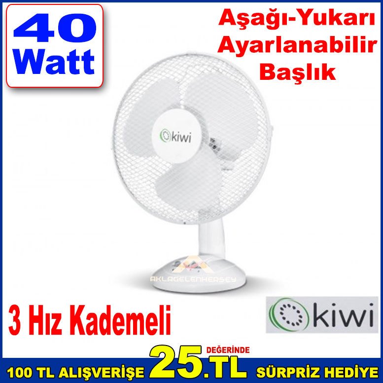 Kiwi Masaüstü Vantilatör 40 Watt Gücünde 3 Hız Kademeli Aşağı Yukarı Ayarlanabilir Vantilatör
