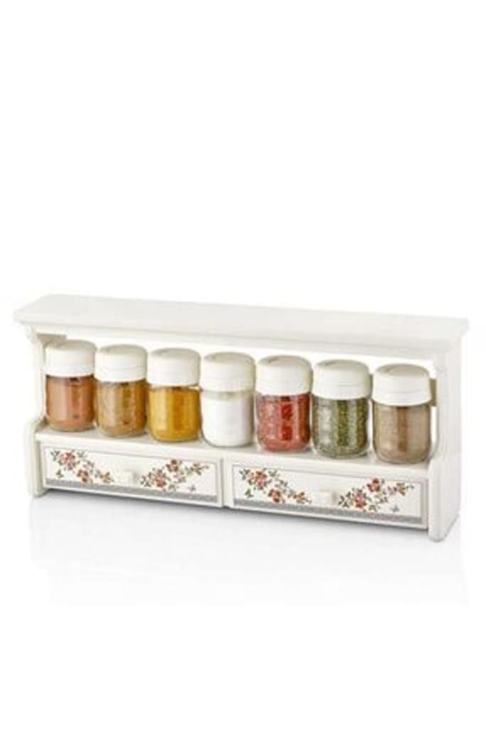 Özmet  Çiçekli Çekmeceli Raflı 7''li  Duvara monte Baharatlık Seti  Code-031