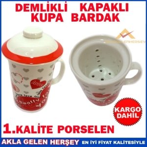 Ücretsiz Kargo KALP DESENLİ DEMLİKLİ KAPAKLI KUPA BARDAK