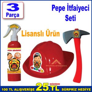 Pepe Lisanslı Ürün İtfaiyeci Seti Eğlenerek Öğreneceği 3 Parça İtfaiye Set Plastik Şapka,Balta,Tüp