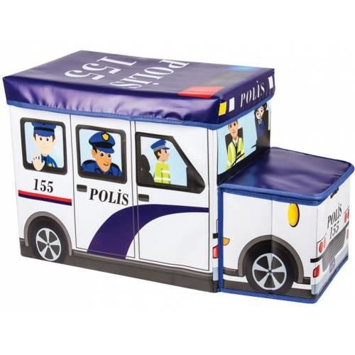 Polis Otobüsü 55x25x30 Oturaklı Katlanır Kumaş Oyuncak Sepeti Otobüs Model Kapaklı Oyuncak Kutusu