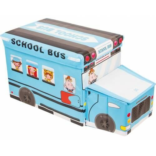 School Bus Mavi 55x25x30 Oturaklı Katlanır Kumaş Oyuncak Kutusu Okul Otobüsü Kapaklı Oyuncak Sepeti