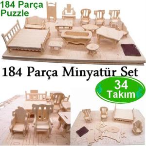 Ahşap Minyatür Ev Eşyaları Eğitici Oyuncak 184 Parça