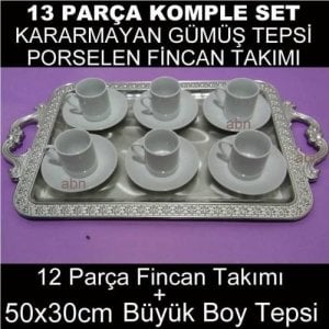 GÜMÜŞ KAPLAMA BÜYÜK ÇAY-KAHVE TEPSİSİ ile 12 PARÇA FİNCAN SETİ