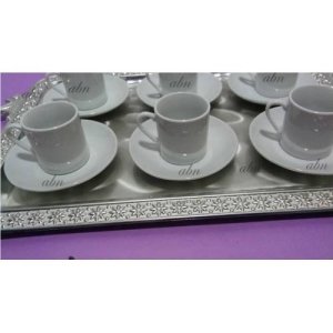 GÜMÜŞ KAPLAMA BÜYÜK ÇAY-KAHVE TEPSİSİ ile 12 PARÇA FİNCAN SETİ
