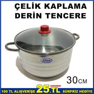 30cm PASLANMAZ ÇELİK CAM KAPAKLI DERİN TENCERE