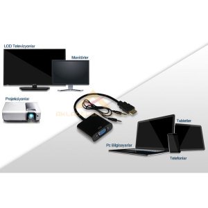 Hdmi to Vga Çevirici Dönüştürücü Adaptör Kablosu Görüntü Laptop Monitöre Projeksiyon Tv Çevirici