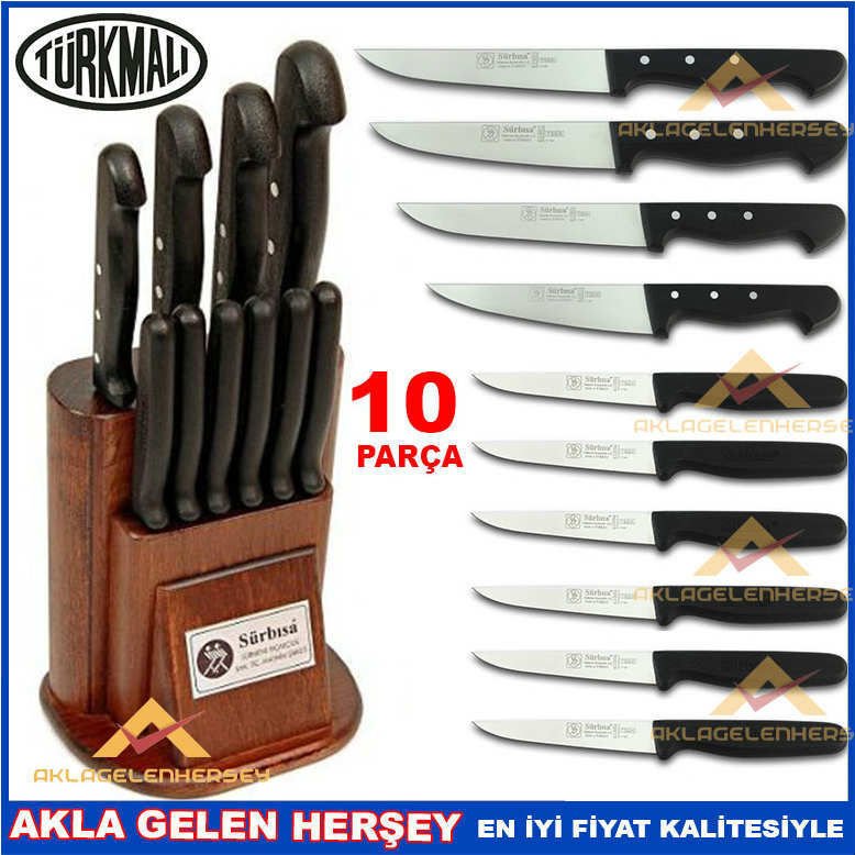Özel Ahşap Takozlu 10lu Set Orijinal Sürbisa Bıçak Seti Pimli Seri Özel Dövme Çelik Biçak Seti