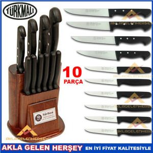 Özel Ahşap Takozlu 10lu Set Orijinal Sürbisa Bıçak Seti Pimli Seri Özel Dövme Çelik Biçak Seti