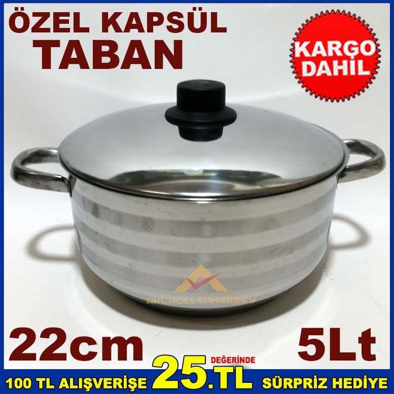 22cm İNDÜKSİYON KAPSÜL TABANLI ÇELİK KAPAKLI PASLANMAZ ÇELİK DERİN TENCERE