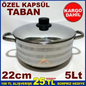 22cm İNDÜKSİYON KAPSÜL TABANLI ÇELİK KAPAKLI PASLANMAZ ÇELİK DERİN TENCERE