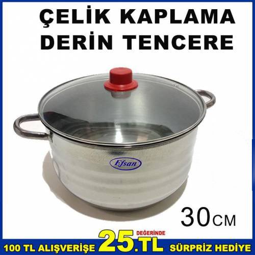 30cm Paslanmaz Çelik Cam Kapaklı Derin Tencere