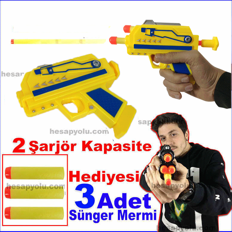 Sünger Mermi Atan Tabanca Zararsız ,Güvenli Dart Tabanca 3 Mermi ve 2 Mermi Hazneli Eğlenceli Silah
