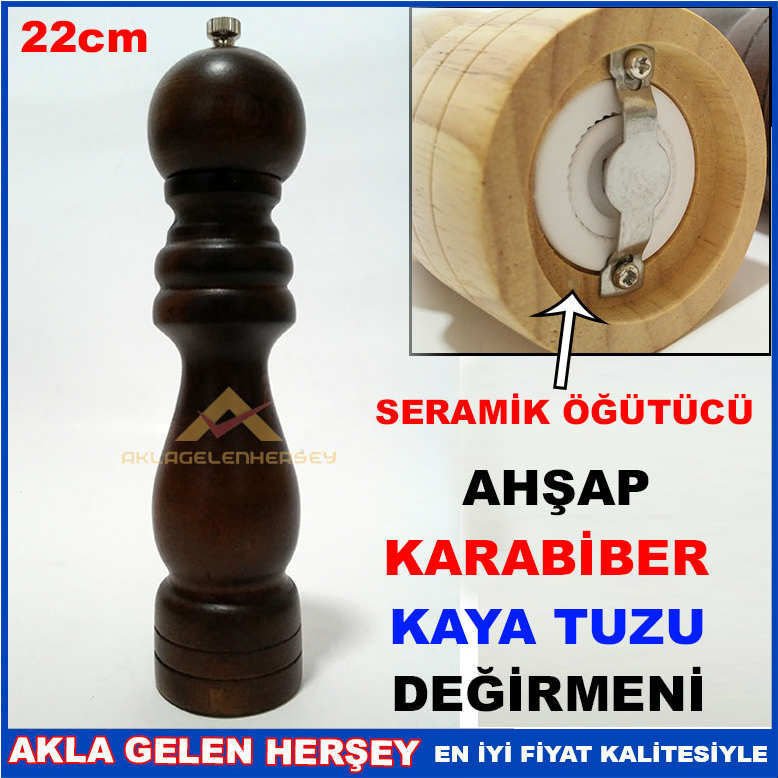 SERAMİK ÖĞÜTÜCÜLÜ 22cm AHŞAP KAYA TUZU DEĞİRMENİ