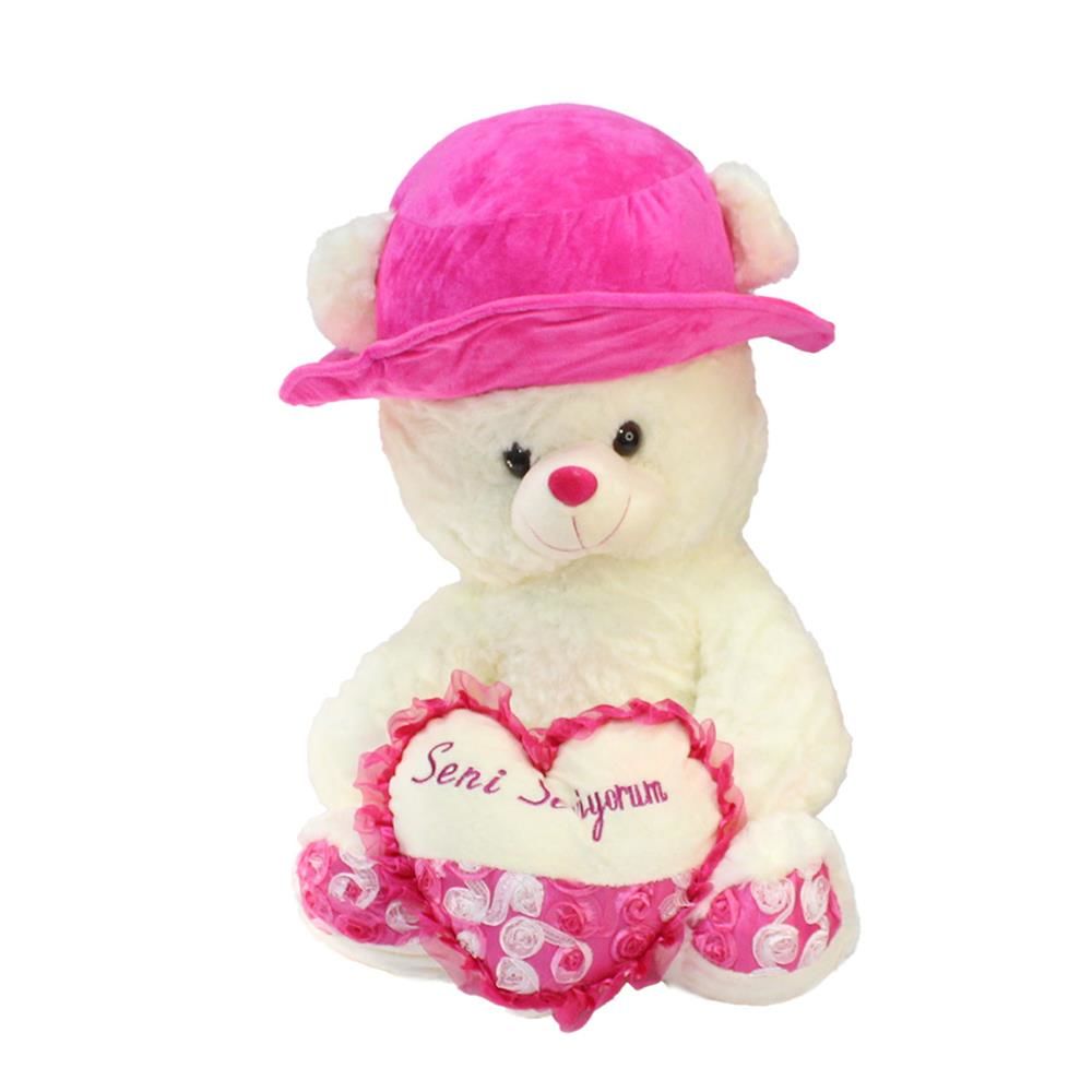 Seni Seviyorum Kalpli Şapkalı Ayı Peluş Oyuncak 55 cm