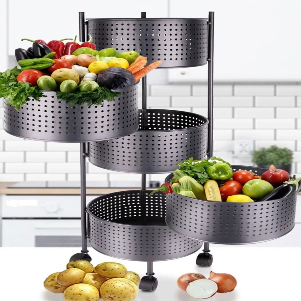 Siyah Ferforje Metal Mutfak Banyo Sepeti 5 Katlı Sağa Sola Açılır Patates Soğan Kovası Tekerlekli Meyve Sebze Sepeti