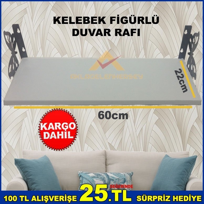 60x22cm KELEBEK MODEL DUVARA MONTE DEKORATİF  DUVAR RAFI