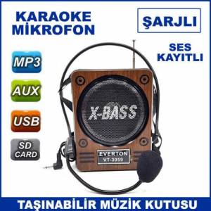 Taşınabilir Şarjlı Karaoke Mikrofonlu ve Işıklı Usb Aux Sd Card Fm Radio Özellikli Müzik Kutusu