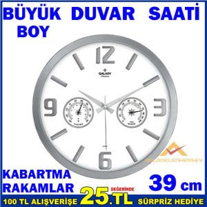 Büyük boy duvar saati termometre ve nemölçerli analog kadran VİP kalite gümüş gri sessiz duvar saati