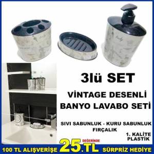 3lü Vintage Desenli Banyo Lavabo Sabunluk Seti