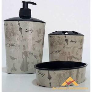 3lü Vintage Desenli Banyo Lavabo Sabunluk Seti