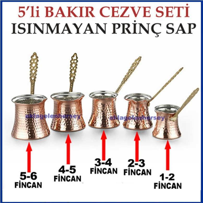 5'li Set Isınmayan Prinç Saplı %100 Bakır Cezve Seti,Küçükten Büyüğe 5 Adet Bakır Kahve Cezvesi